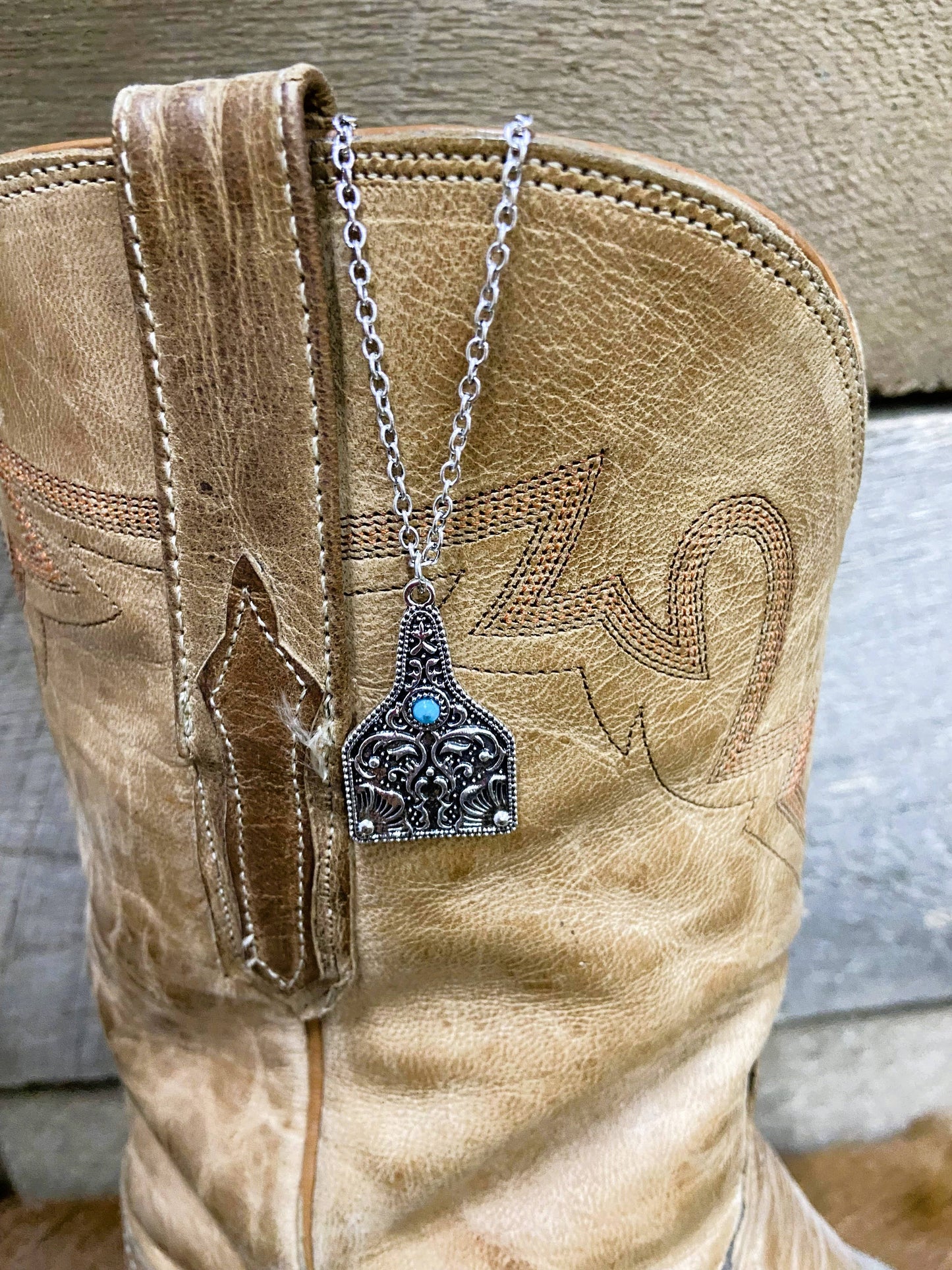 Tooled Silver Cowtag with Turquoise Accent Necklace