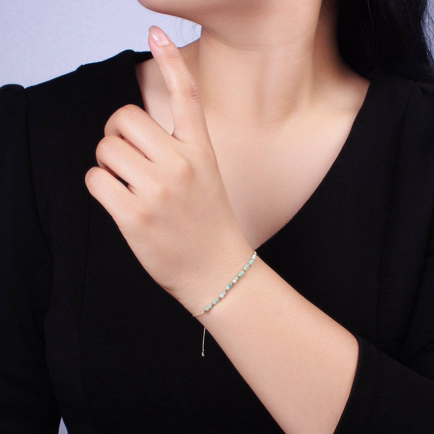 Minimalist Gold Turquoise Multifaceted Cream Cotton String Slider Bracelet | WA-2196 ~ WA-2198: Style C
