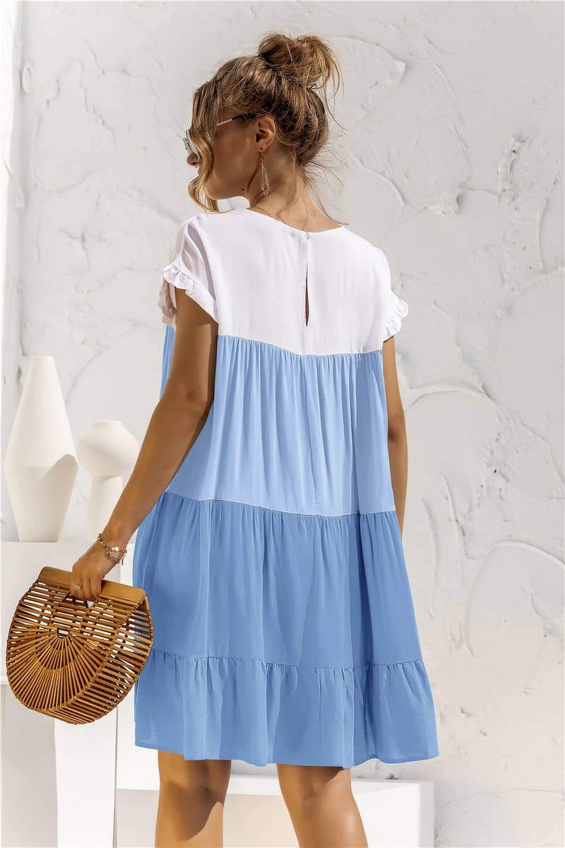 COLOR BLOCKING SHORT SLEEVED LOOSE FITTING DRESS_CWDSD2466