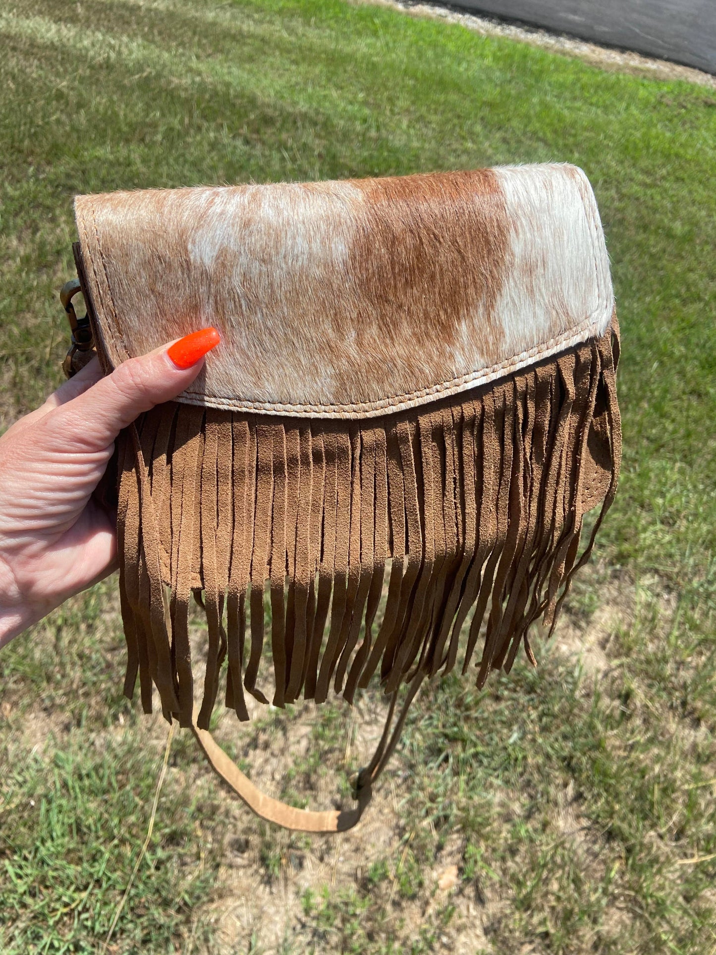 Sadie Cowhide and Tan Suede Fringe Western Purse, Crossbody