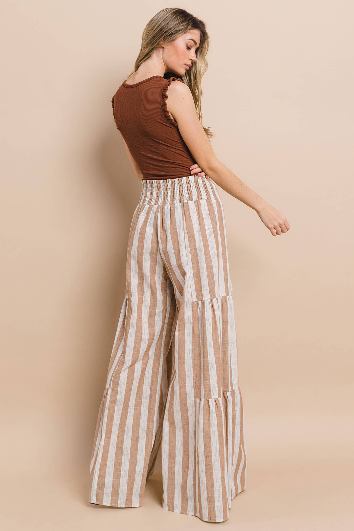 STRIPED LINEN PALAZZO PANTS - TAUPE 2314: NATURAL/TAUPE / L
