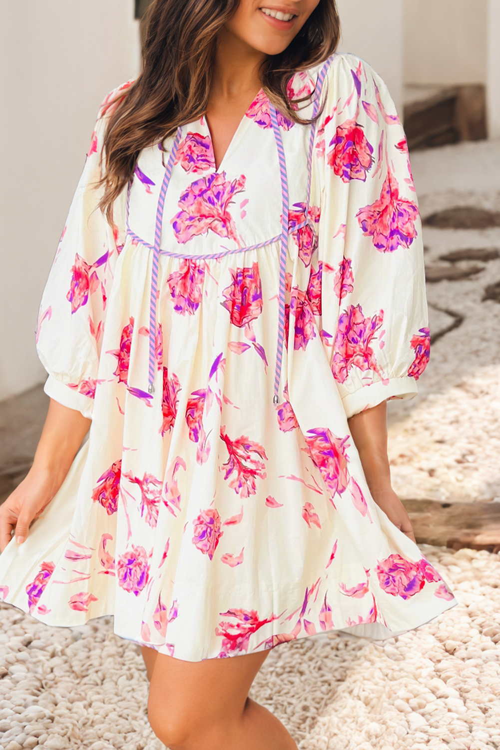 Floral Print Balloon Sleeve V Neck Babydoll Mini Dress