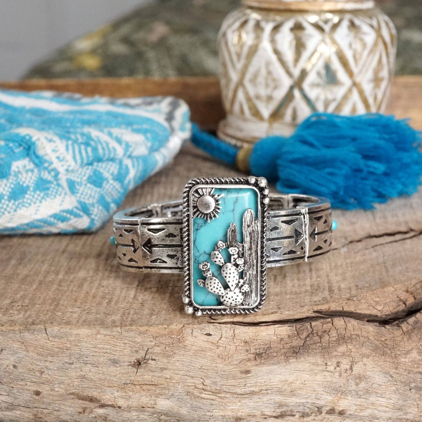 Western Cactus Statement Bangle Bracelet – Silver & Turquoise