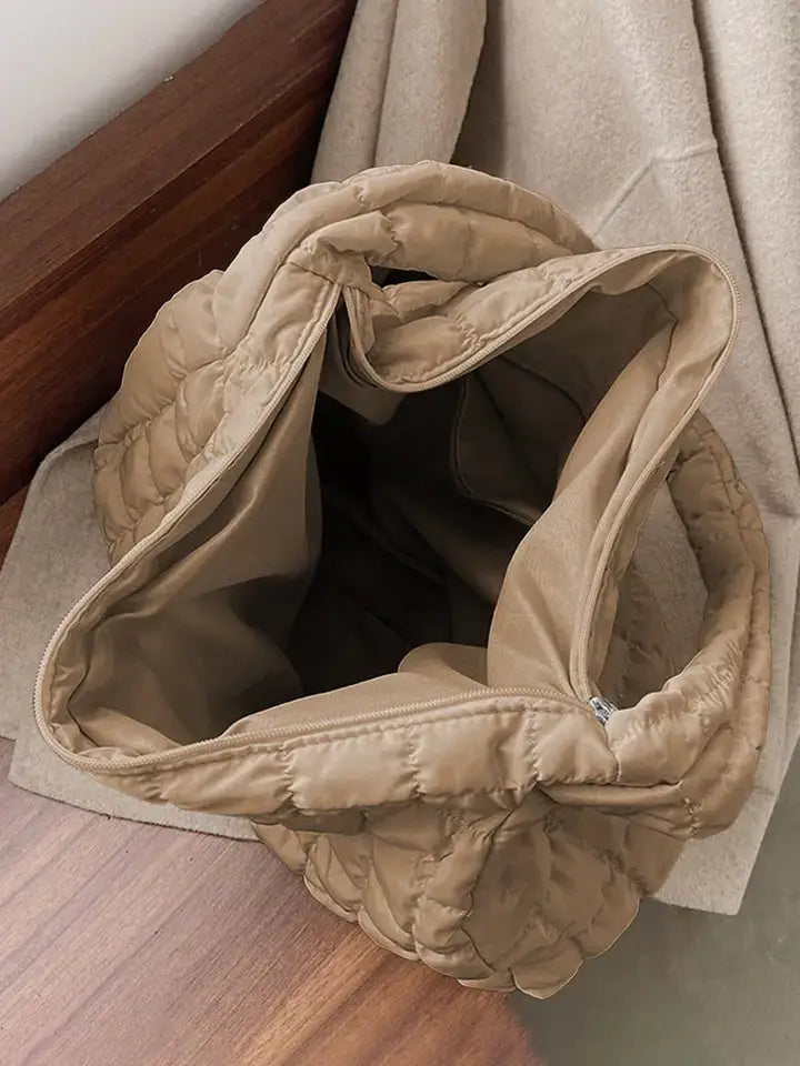 Large Quilted Zipper Shoulder Bag: Light French Beige / 100%Polyester / ONE SIZE