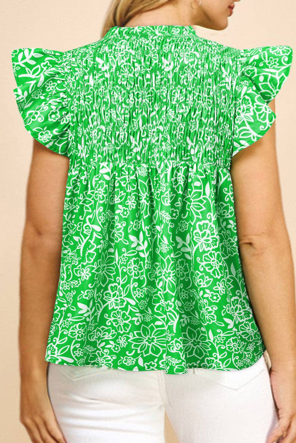 Plus Size Green Floral Ruffle Sleeve V-Neck Blouse
