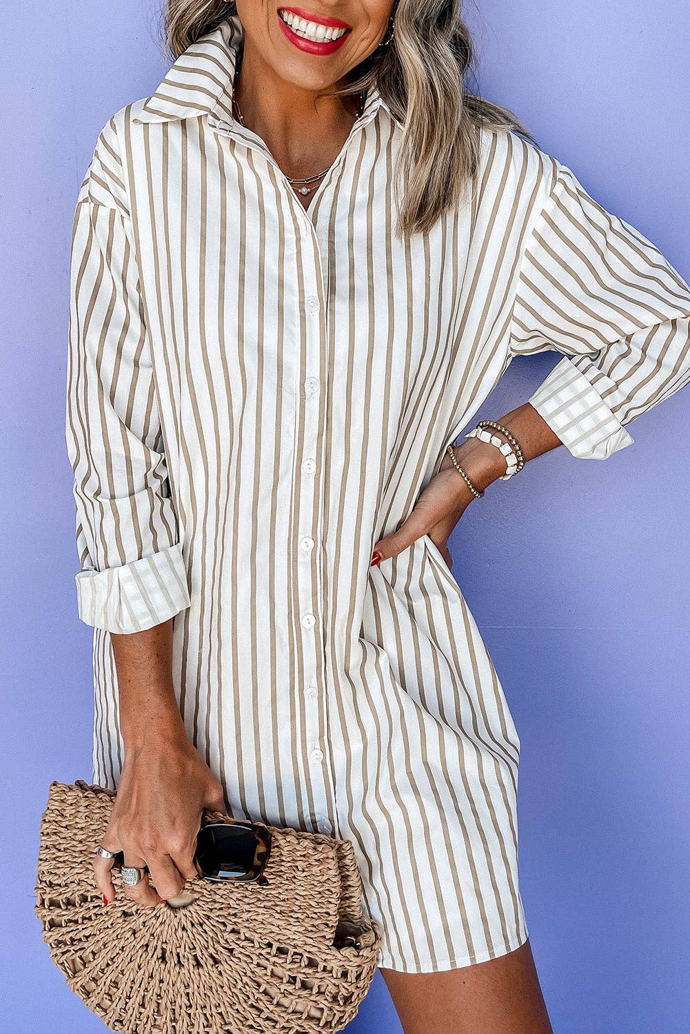 Khaki Stripe Buttoned Mini Shirt Dress
