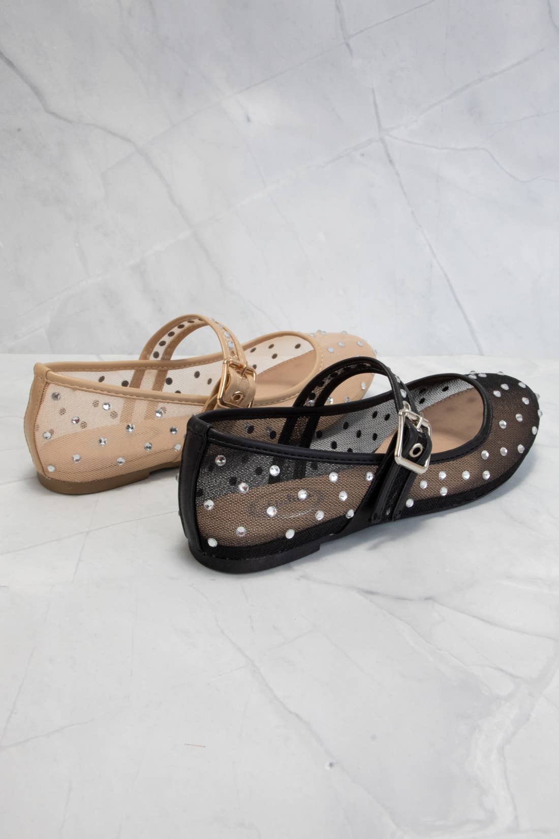 RHINESTONE EMBELLISHED MESH MARY JANE FLATS