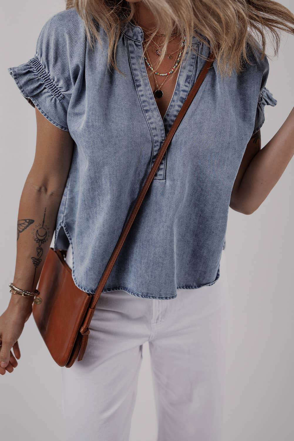 Ruffled Short Puff Sleeve Denim Top