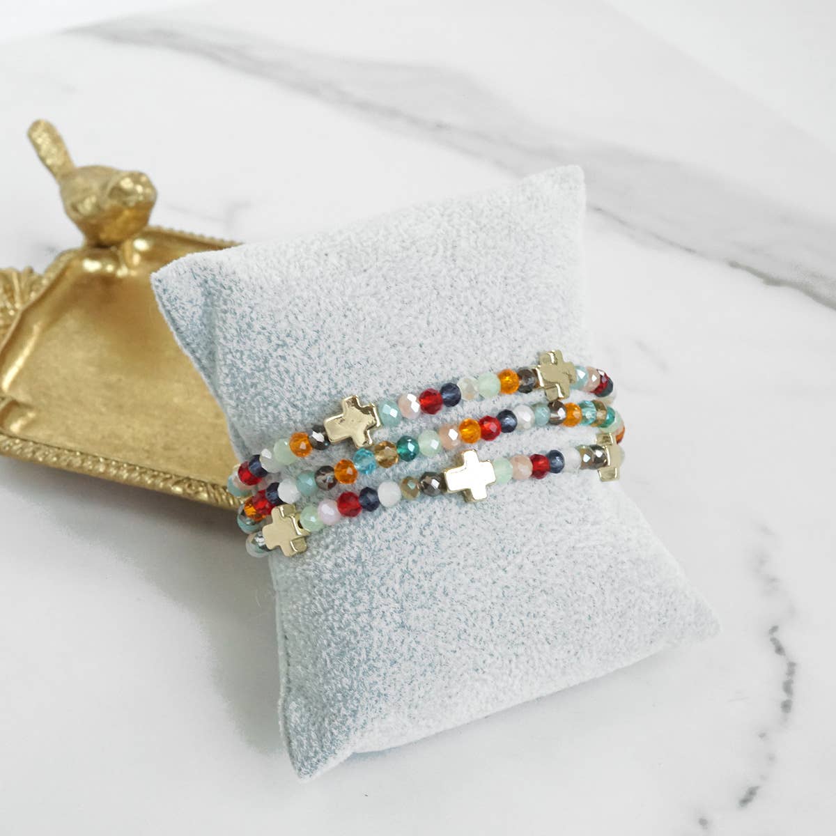 Mini Sideways Cross Bracelet stack Glass and gold metal beads: Black