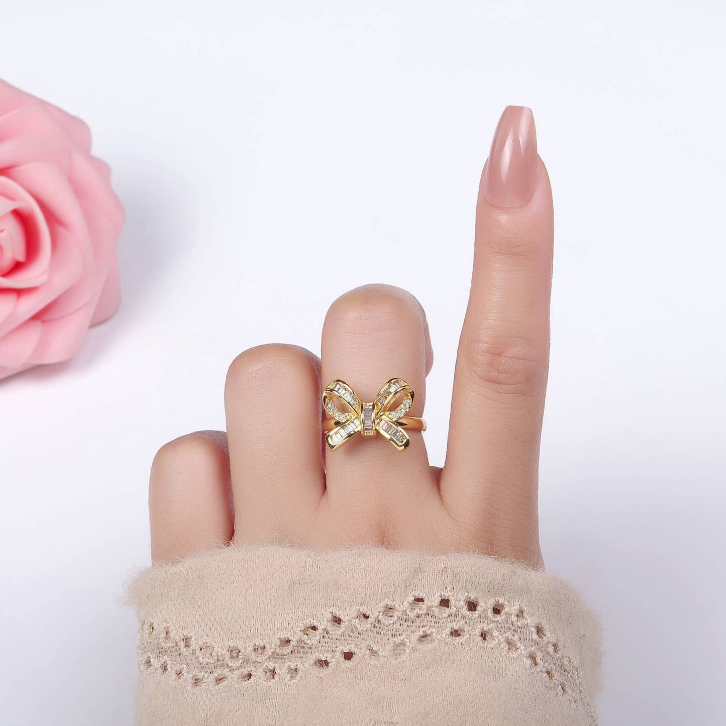 Penelope Gold Bow Clam Ribbon CZ Baguette Adjustable Ring