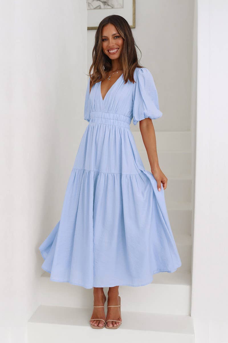SOLID COLOR DARK V LANTERN SLEEVE DRESS