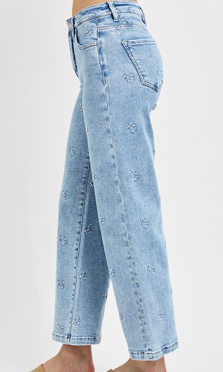 RISEN Embroidered Detail High Rise Crop Jeans