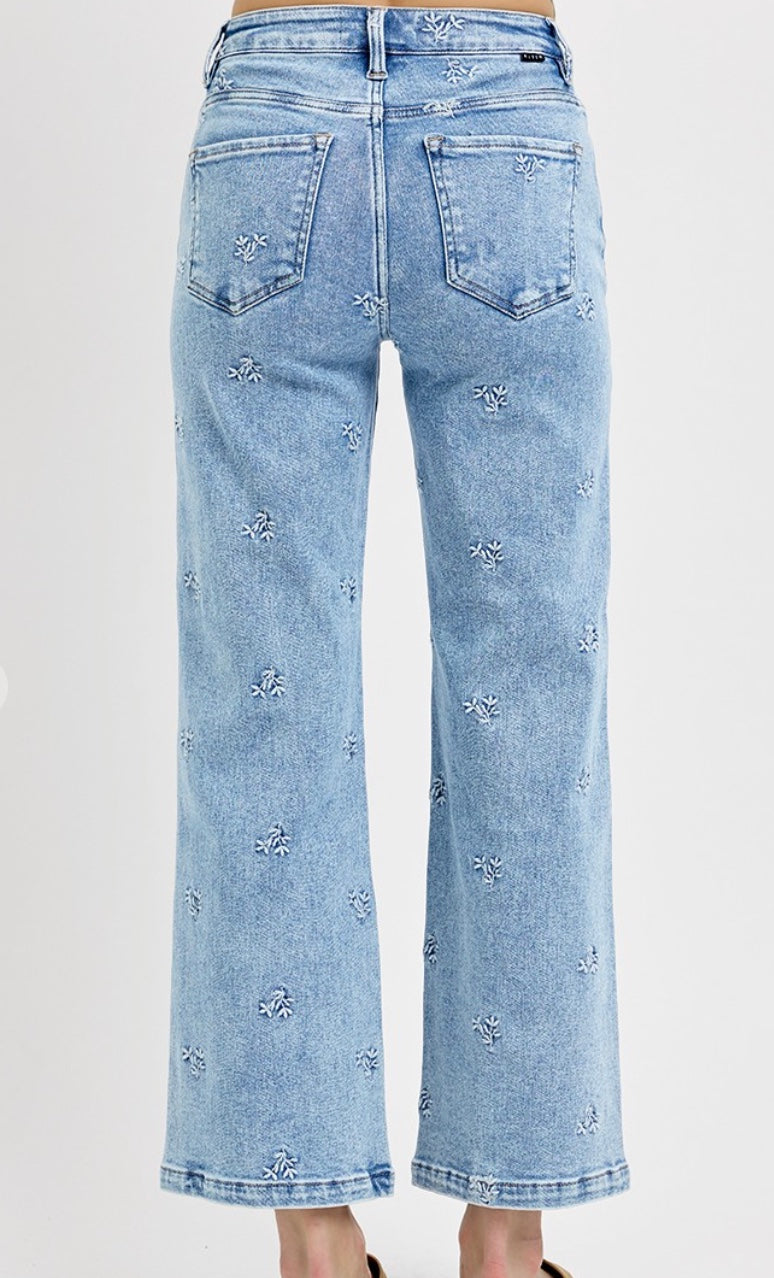 RISEN Embroidered Detail High Rise Crop Jeans