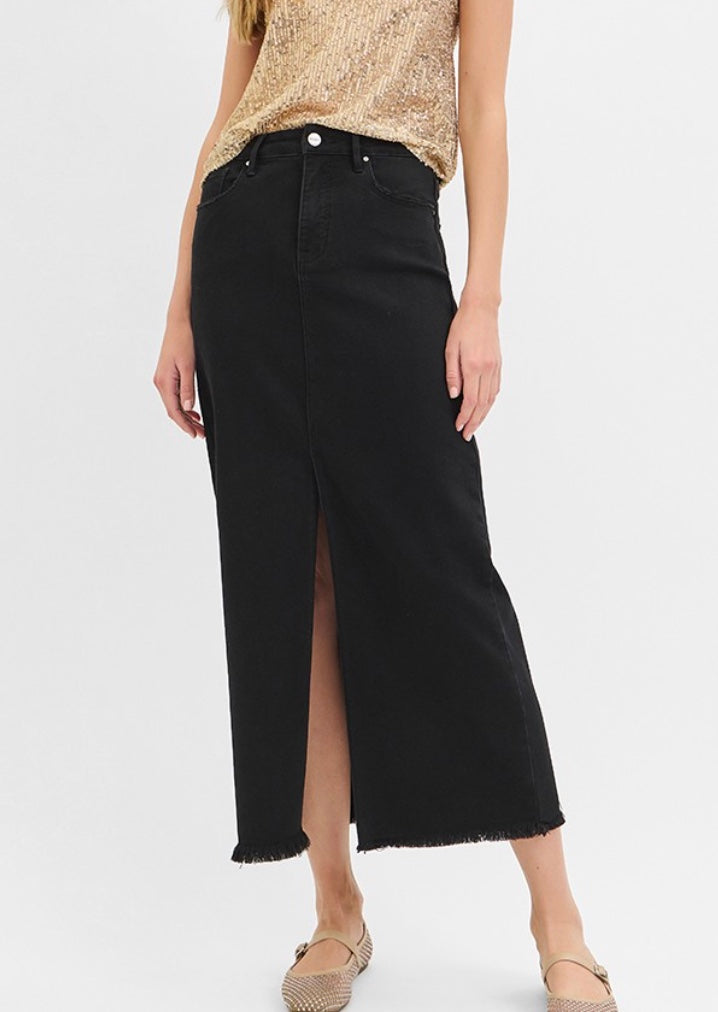 RISEN Black Denim Midi Skirt