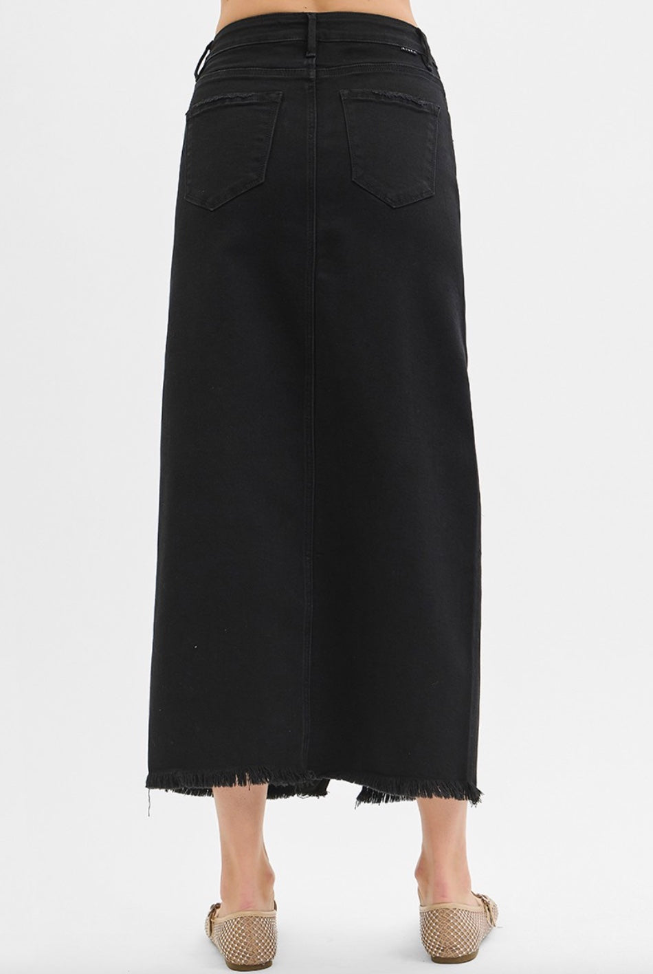 RISEN Black Denim Midi Skirt