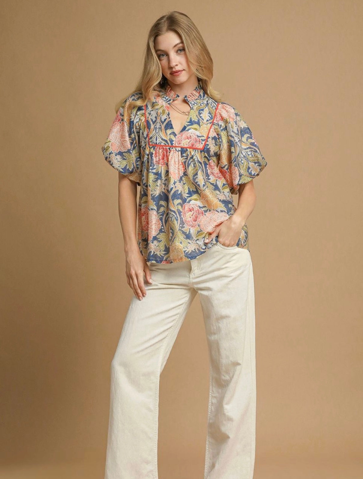 Floral Puff Sleeve Peasant Blouse