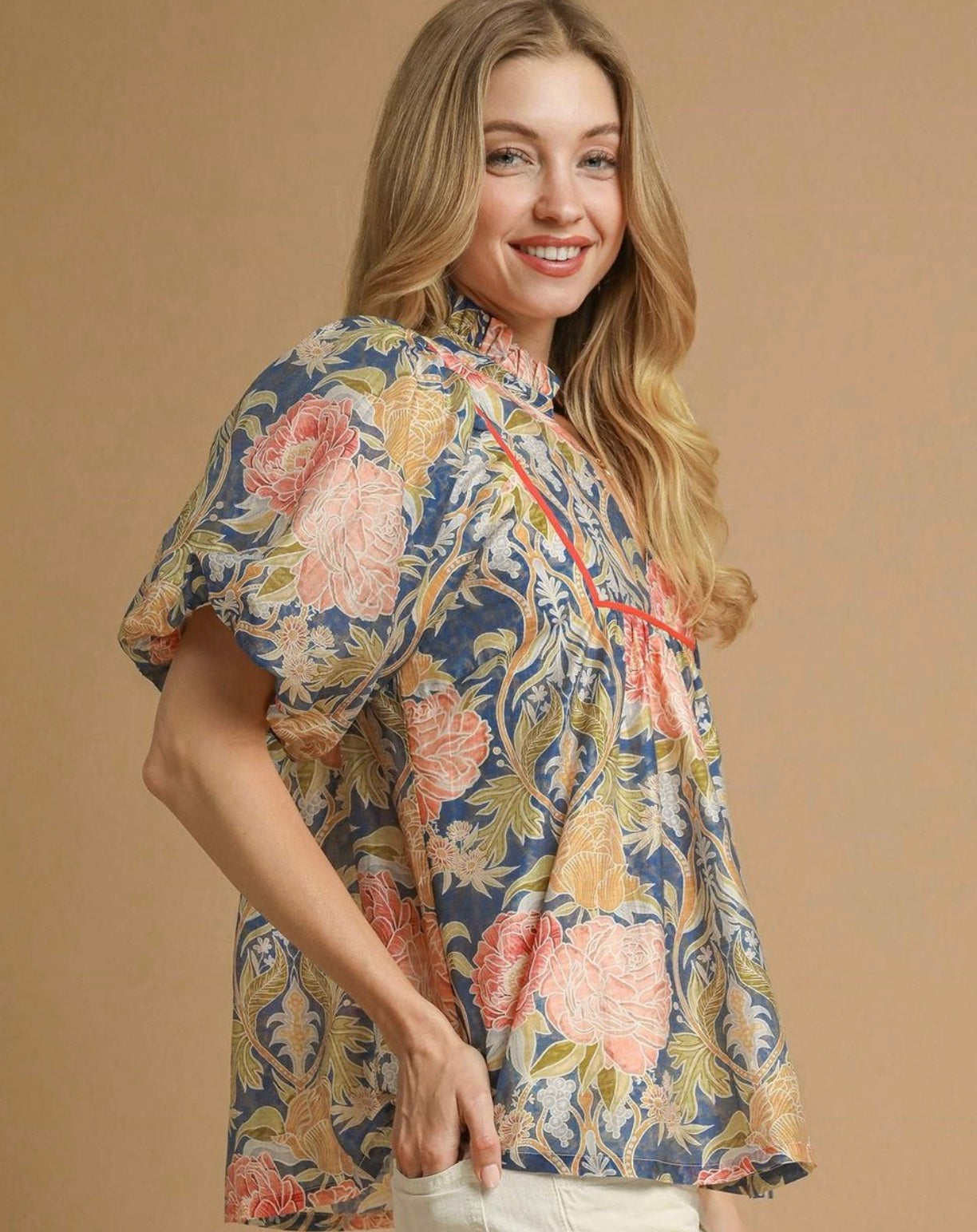 Floral Puff Sleeve Peasant Blouse