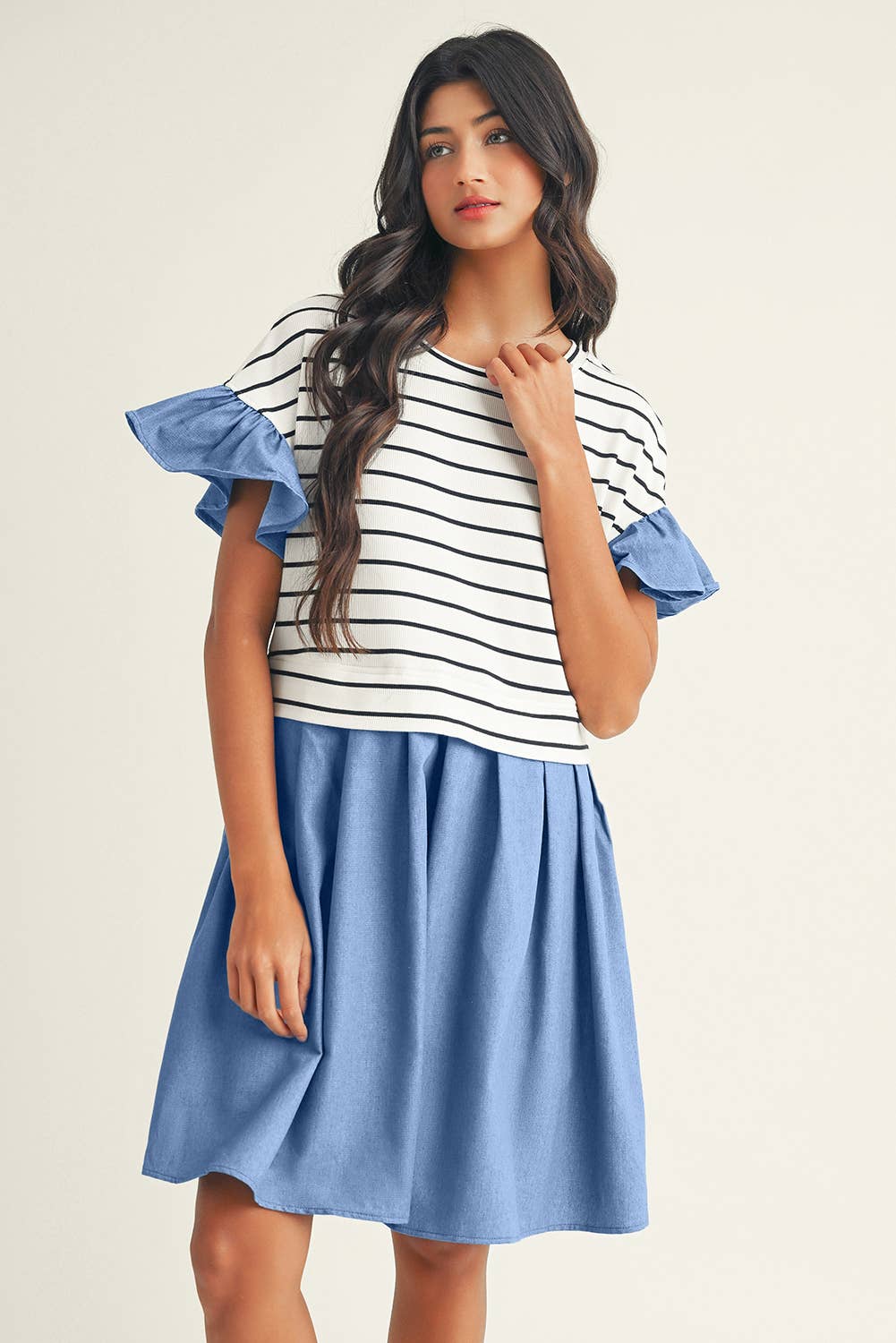 Stripe Ruffle Denim Patchwork Round Neck Mini Dress