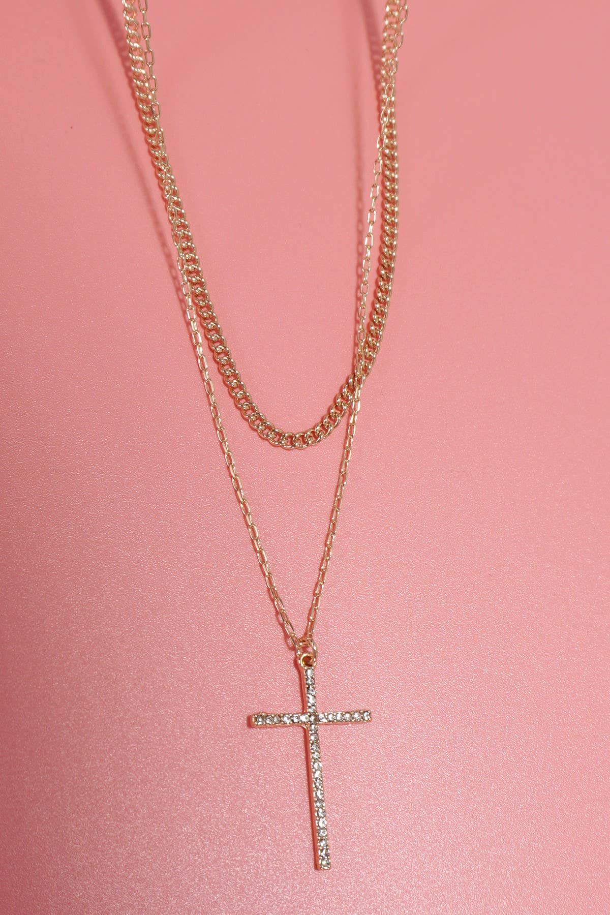 DOUBLE LAYER RHINESTONE CROSS CHARM NECKLACE