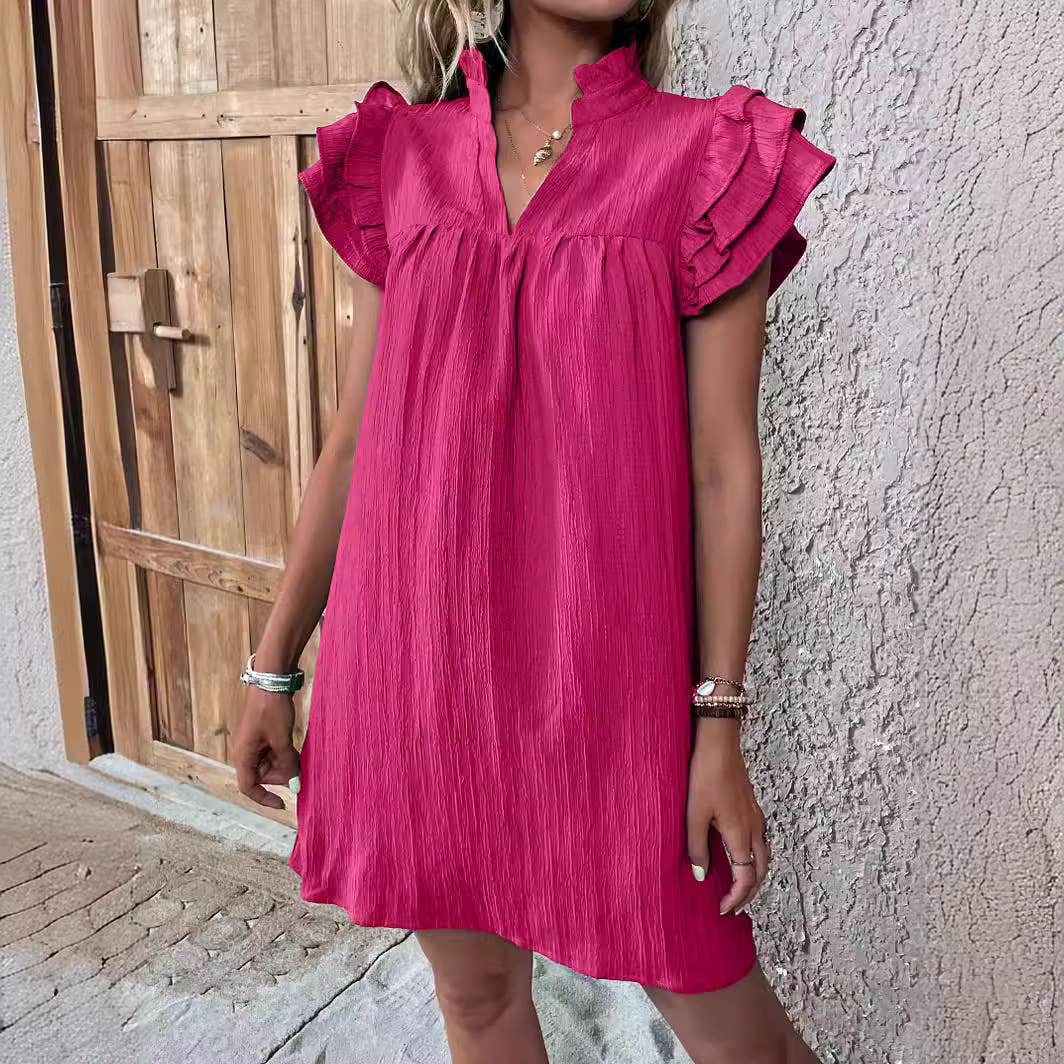 MULTI-LAYER LOTUS SLEEVE V-NECK PULLOVER DRESS