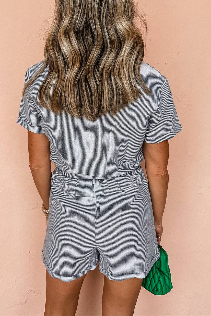 Blue Stripe Belted High Waist Romper