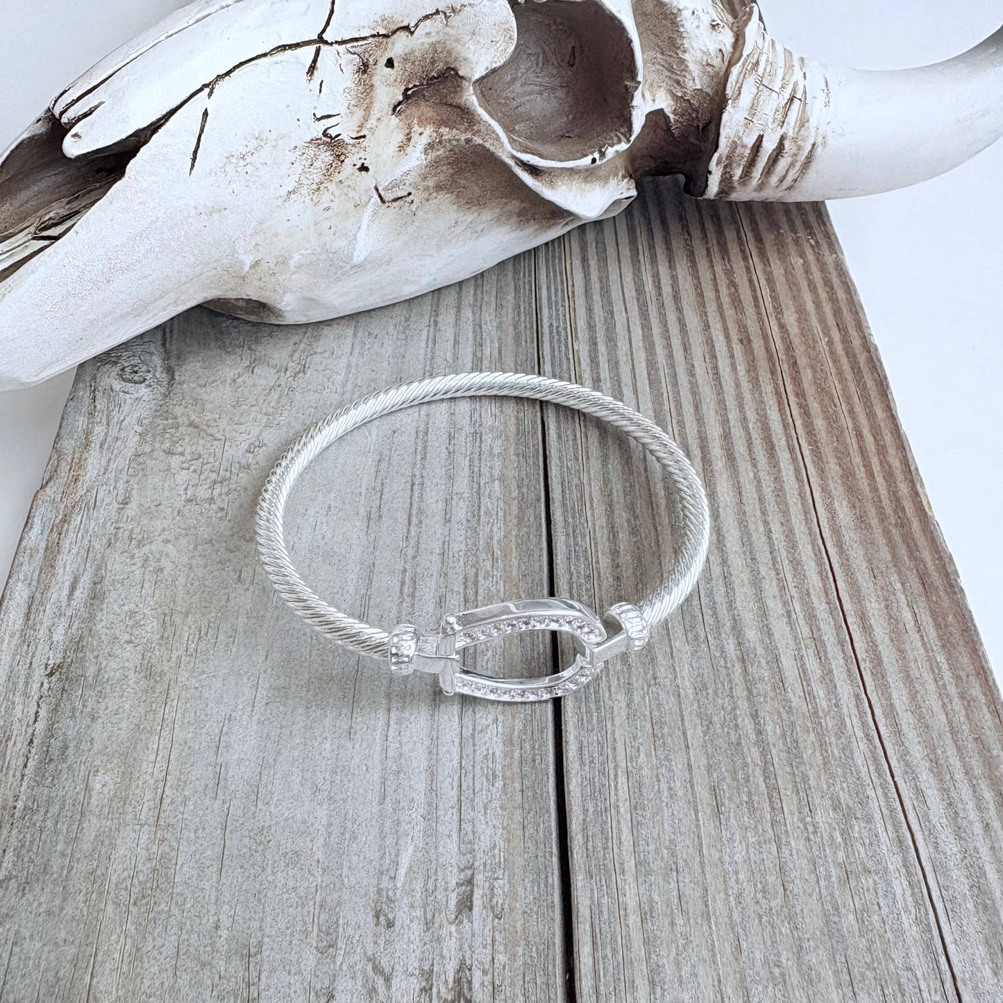 Western Horseshoe Groove Rhinestone Cable Bangle Bracelet
