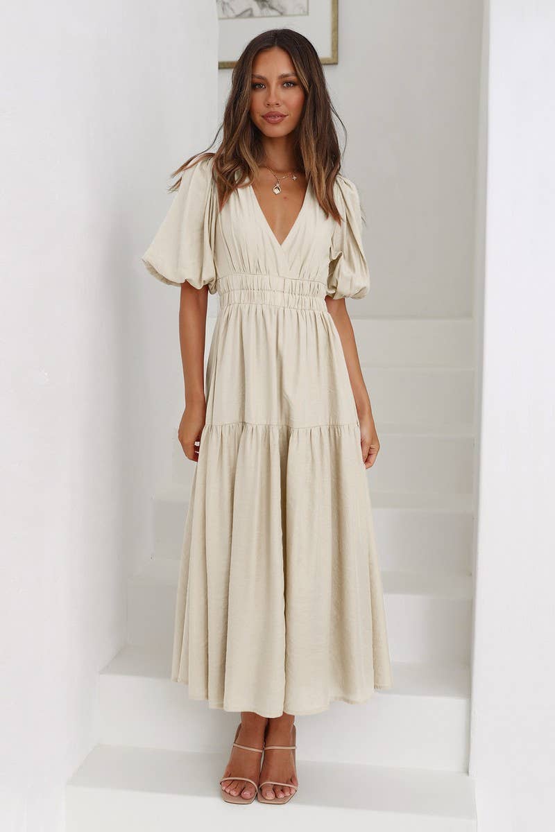 SOLID COLOR DARK V LANTERN SLEEVE DRESS