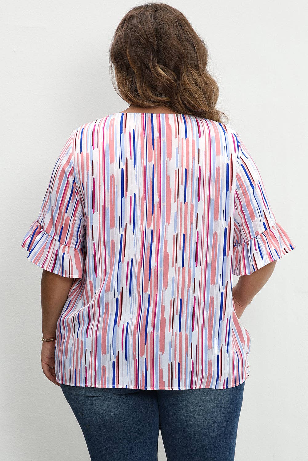 White Stripe Ruffled Short Sleeve Plus Size Blouse