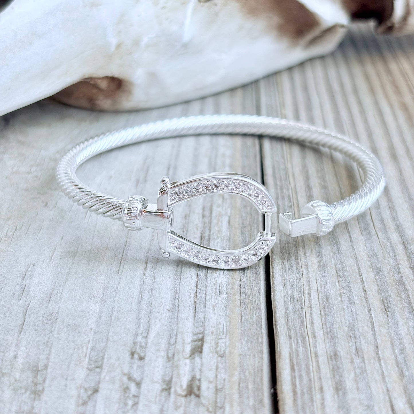 Western Horseshoe Groove Rhinestone Cable Bangle Bracelet