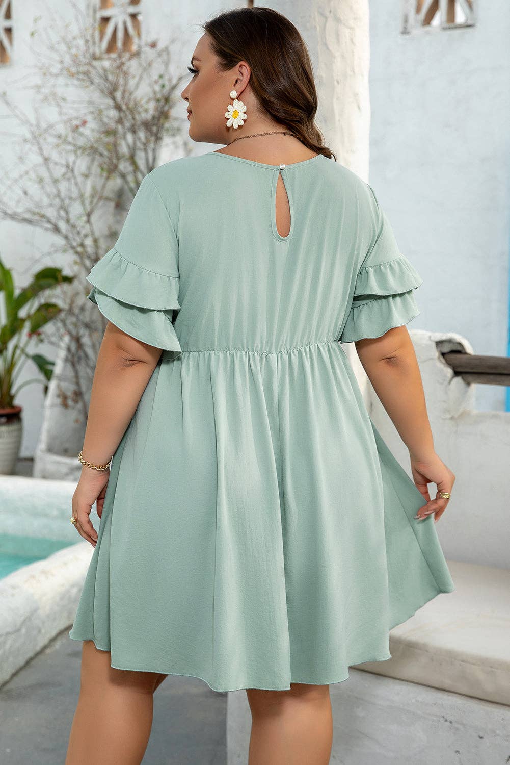 Plus Size Grass Green Ruffle Trim Short Sleeve Flared Mini Dress