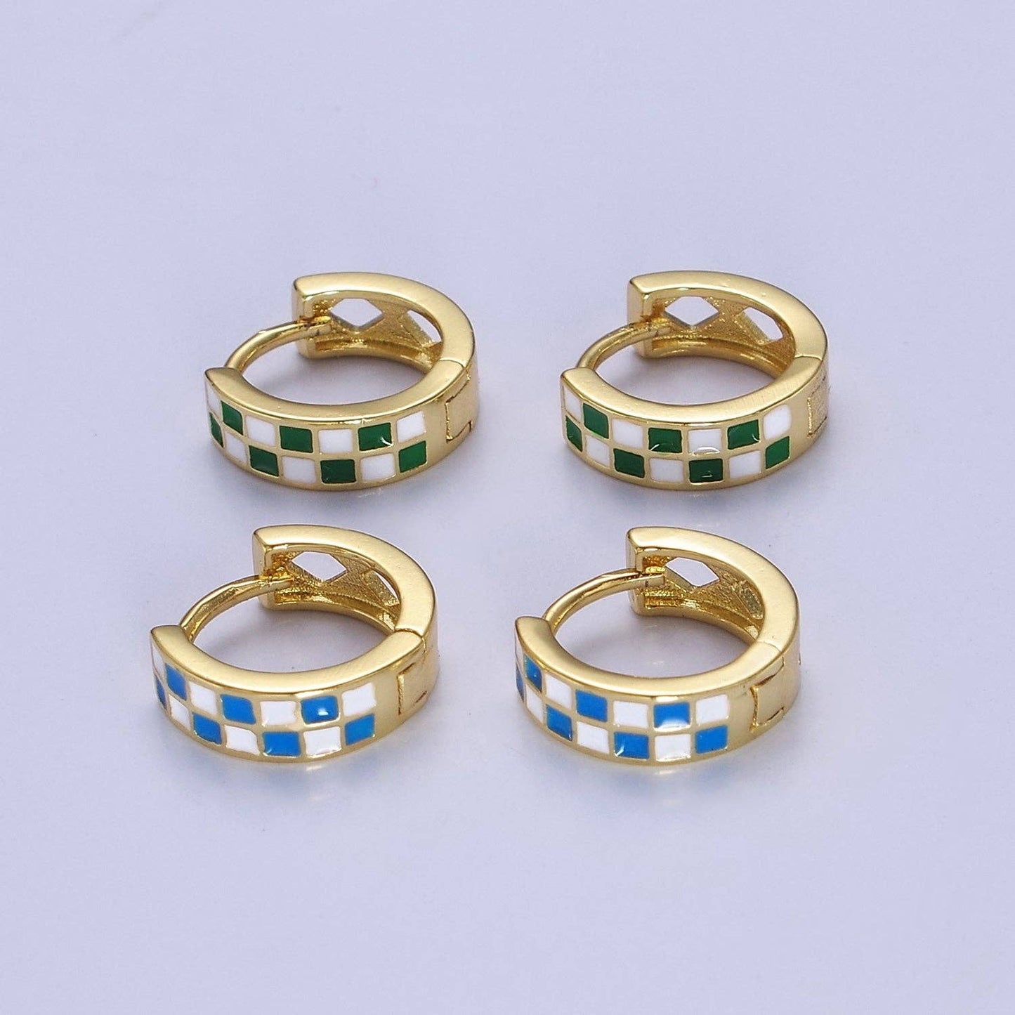 24K Gold Filled Enamel Checker Hoops Earring Retro Gold Hugg: Green