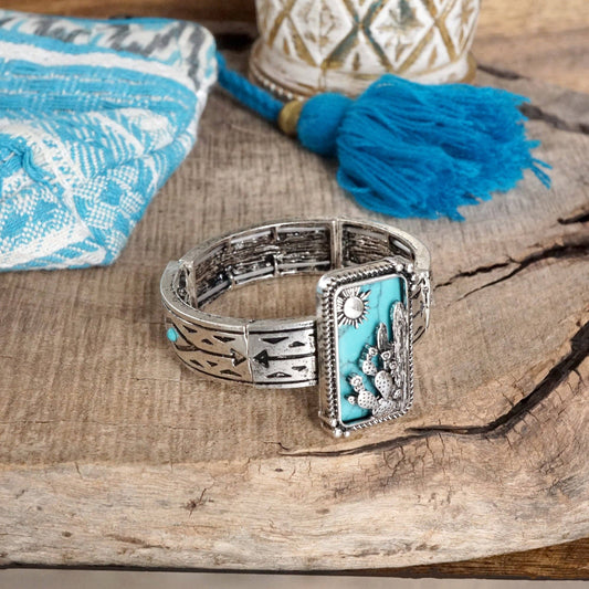 Western Cactus Statement Bangle Bracelet – Silver & Turquoise
