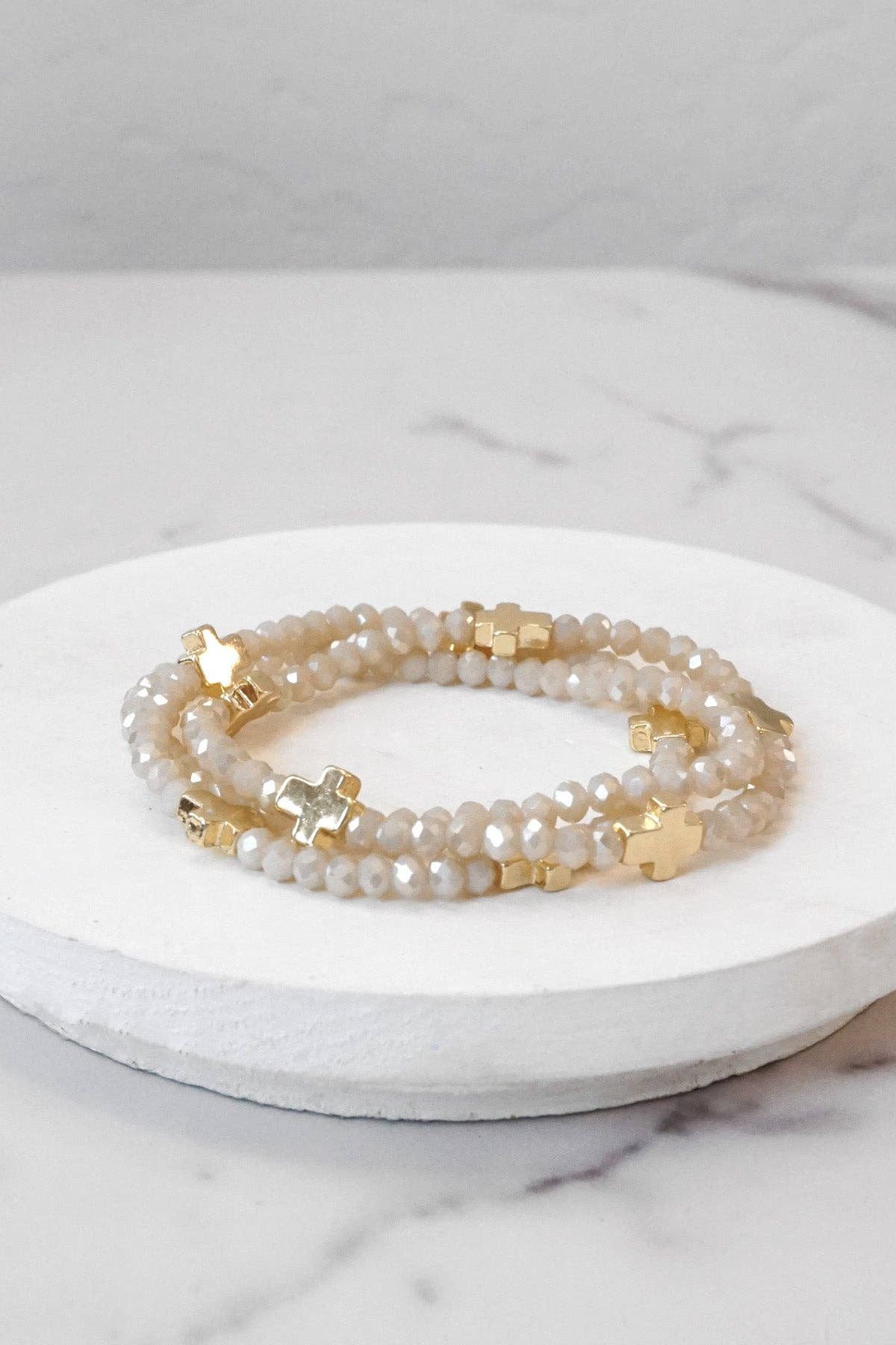 Mini Sideways Cross Bracelet stack Glass and gold metal beads: Black