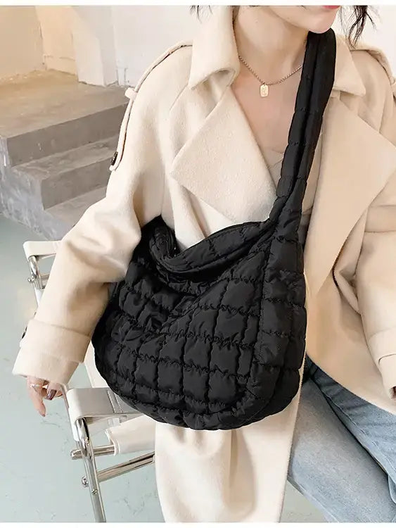 Large Quilted Zipper Shoulder Bag: Light French Beige / 100%Polyester / ONE SIZE