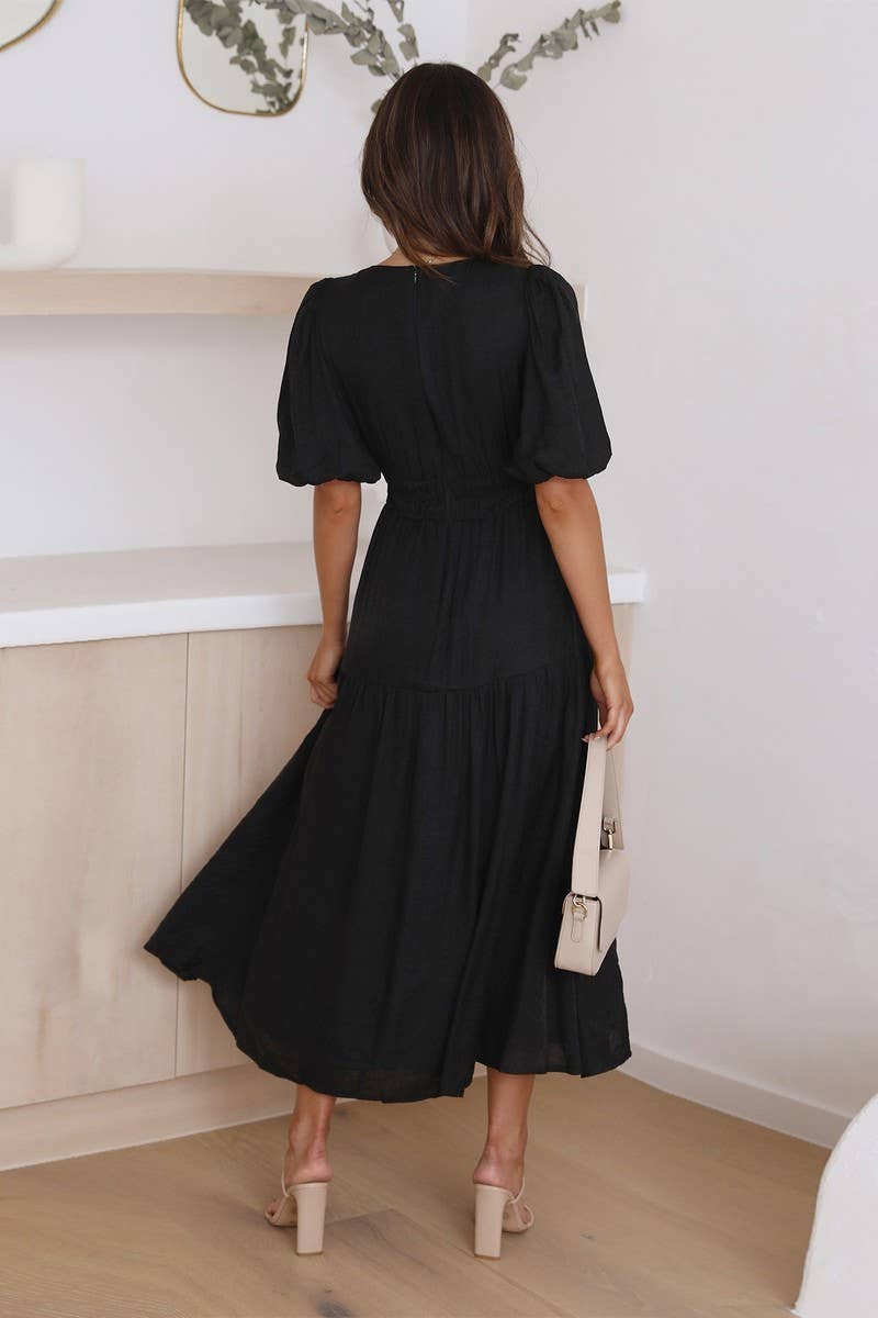 SOLID COLOR DARK V LANTERN SLEEVE DRESS