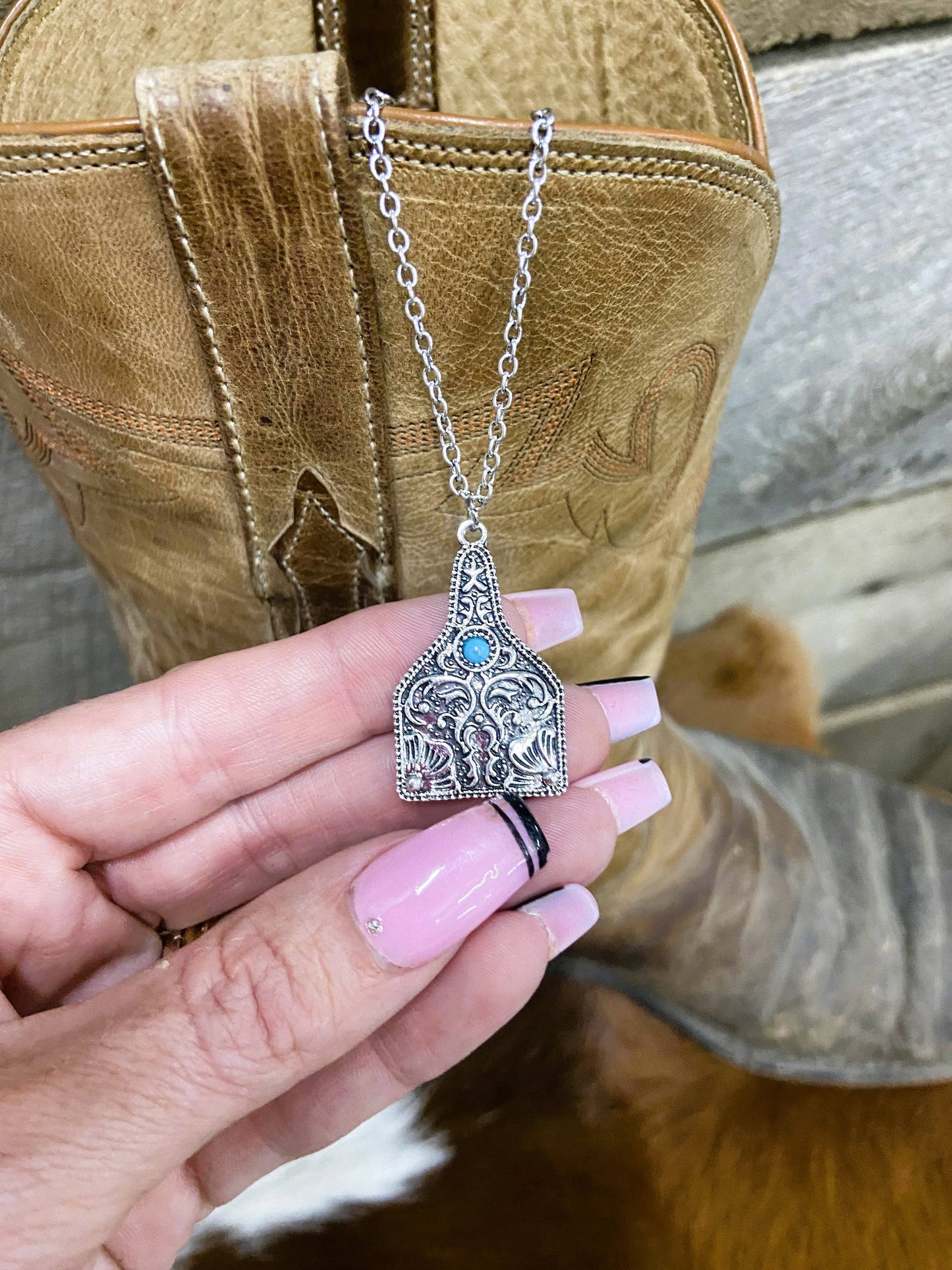 Tooled Silver Cowtag with Turquoise Accent Necklace
