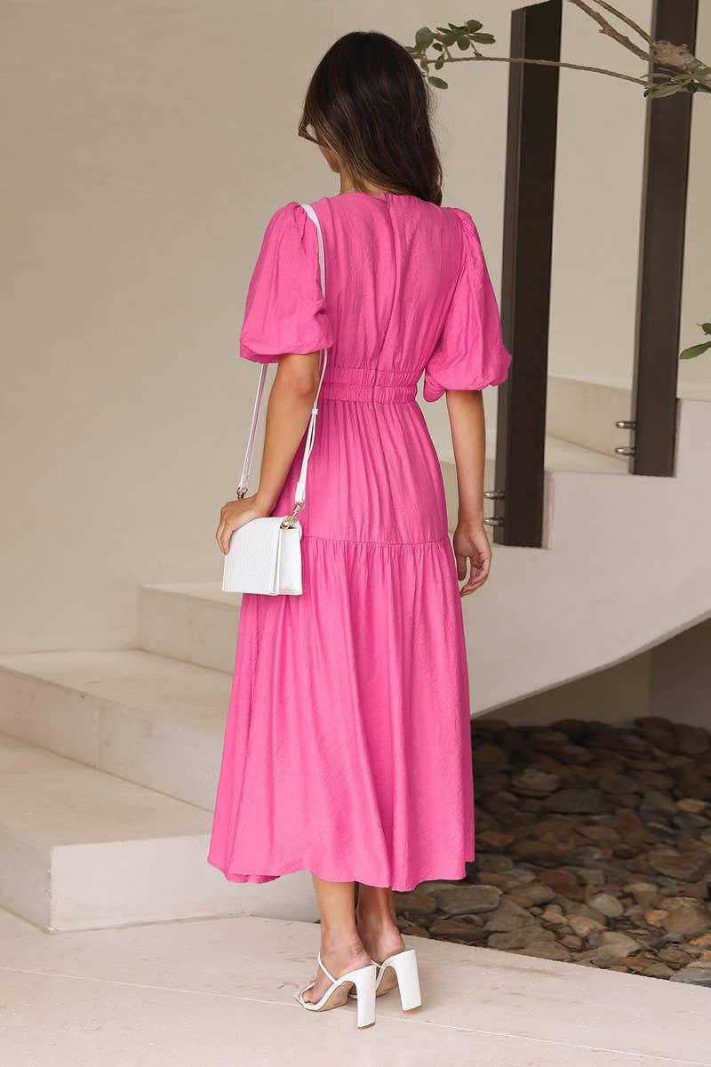 SOLID COLOR DARK V LANTERN SLEEVE DRESS