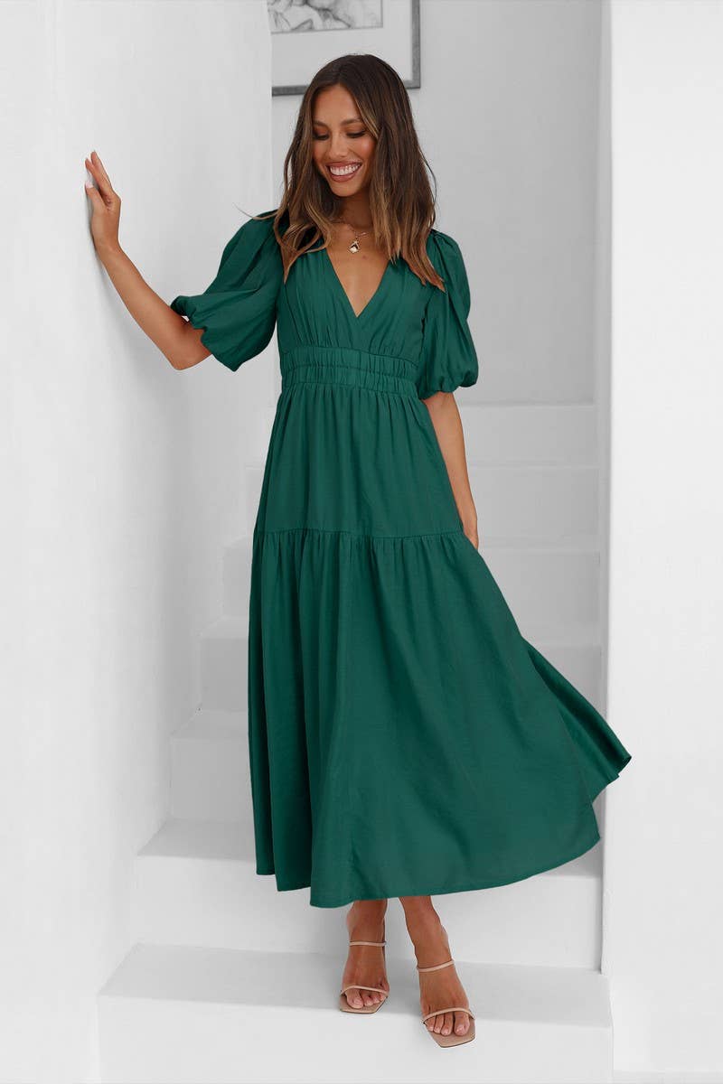 SOLID COLOR DARK V LANTERN SLEEVE DRESS