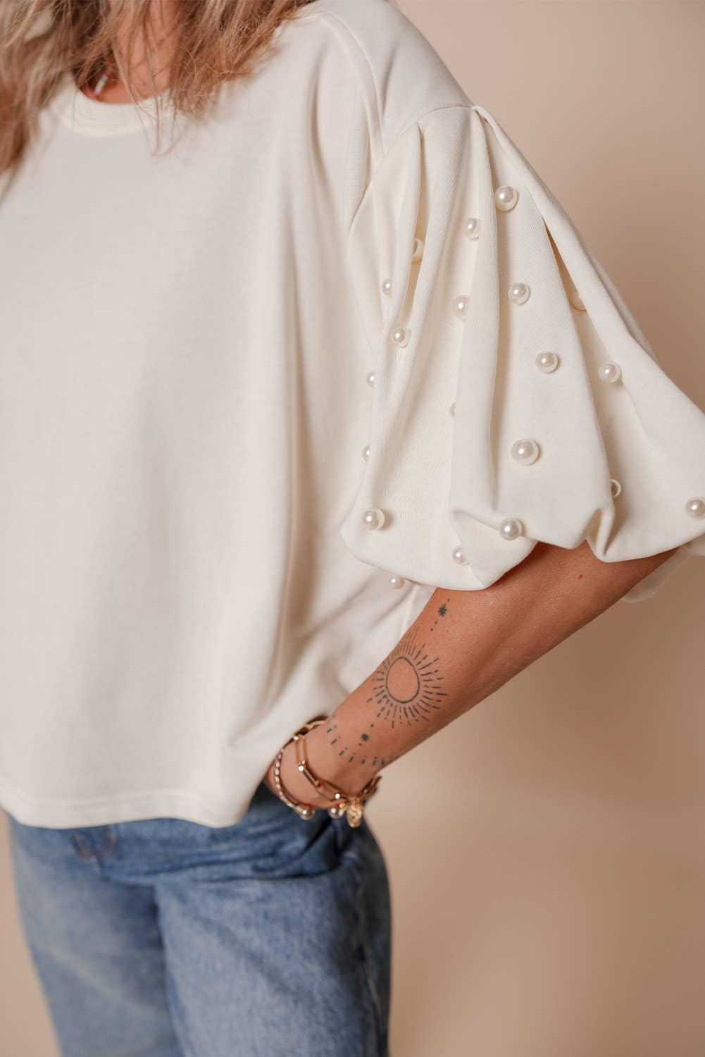 Pearled Puff Sleeve Round Neck Loose Top