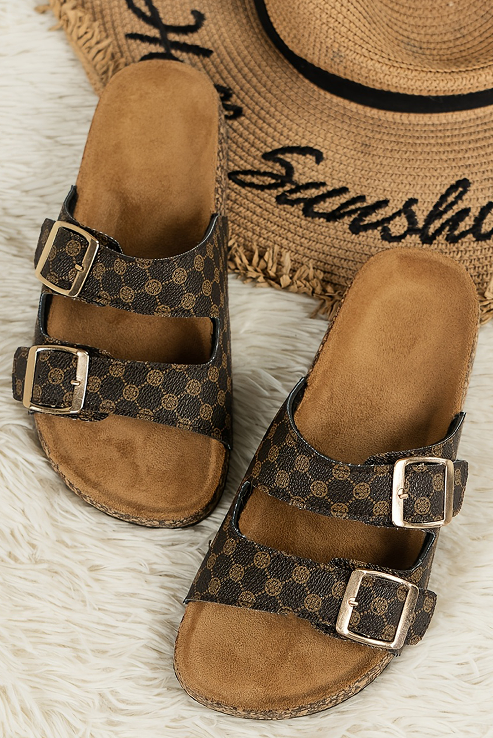 LDC Geometric Print Cut Out Buckle PU Leather Flat Slippers: Coffee / (US 7)38
