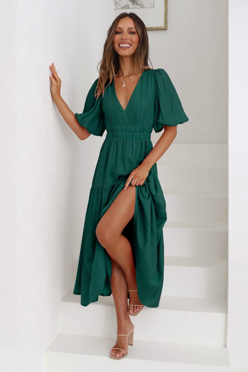 SOLID COLOR DARK V LANTERN SLEEVE DRESS