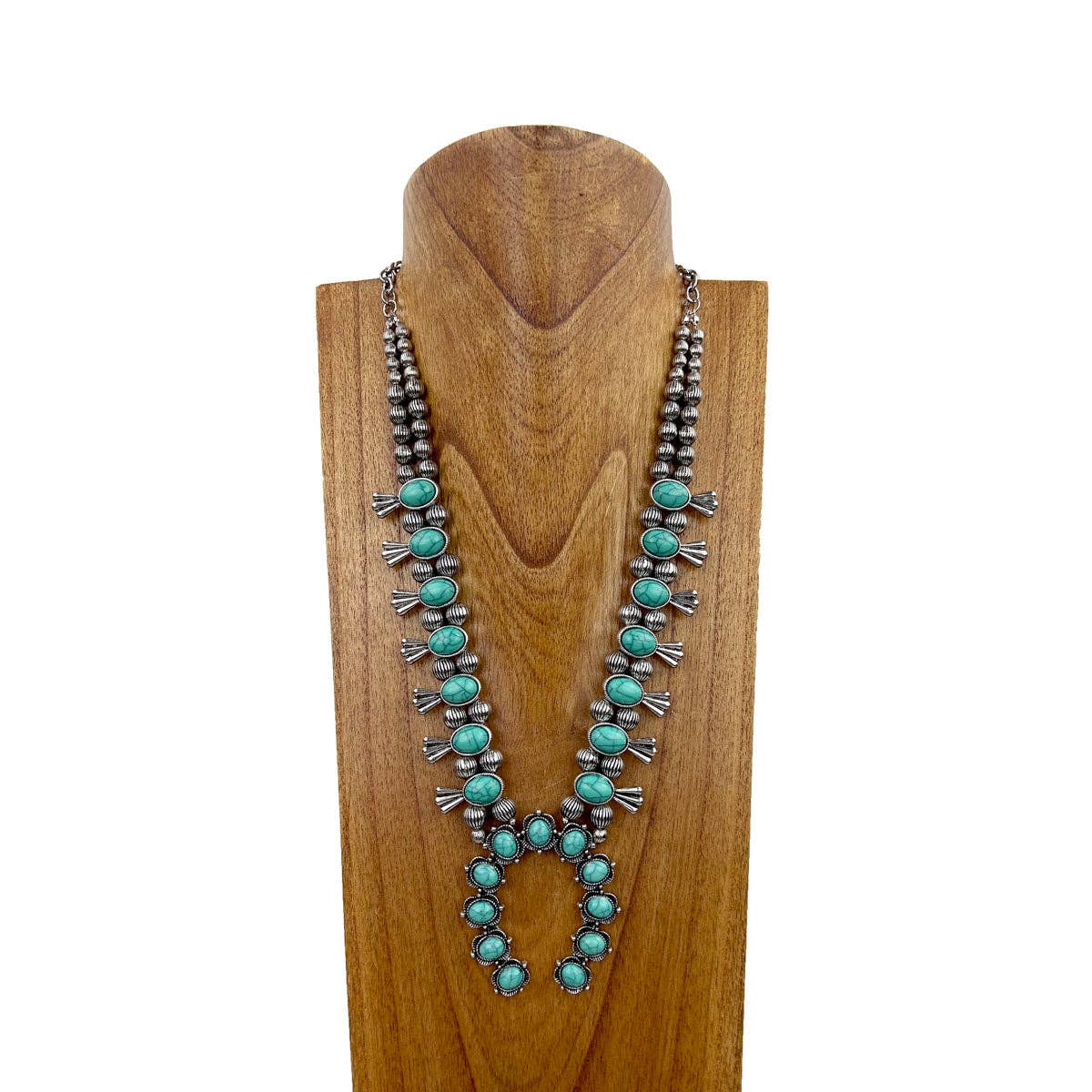 Silver with green stone squash blossom necklace