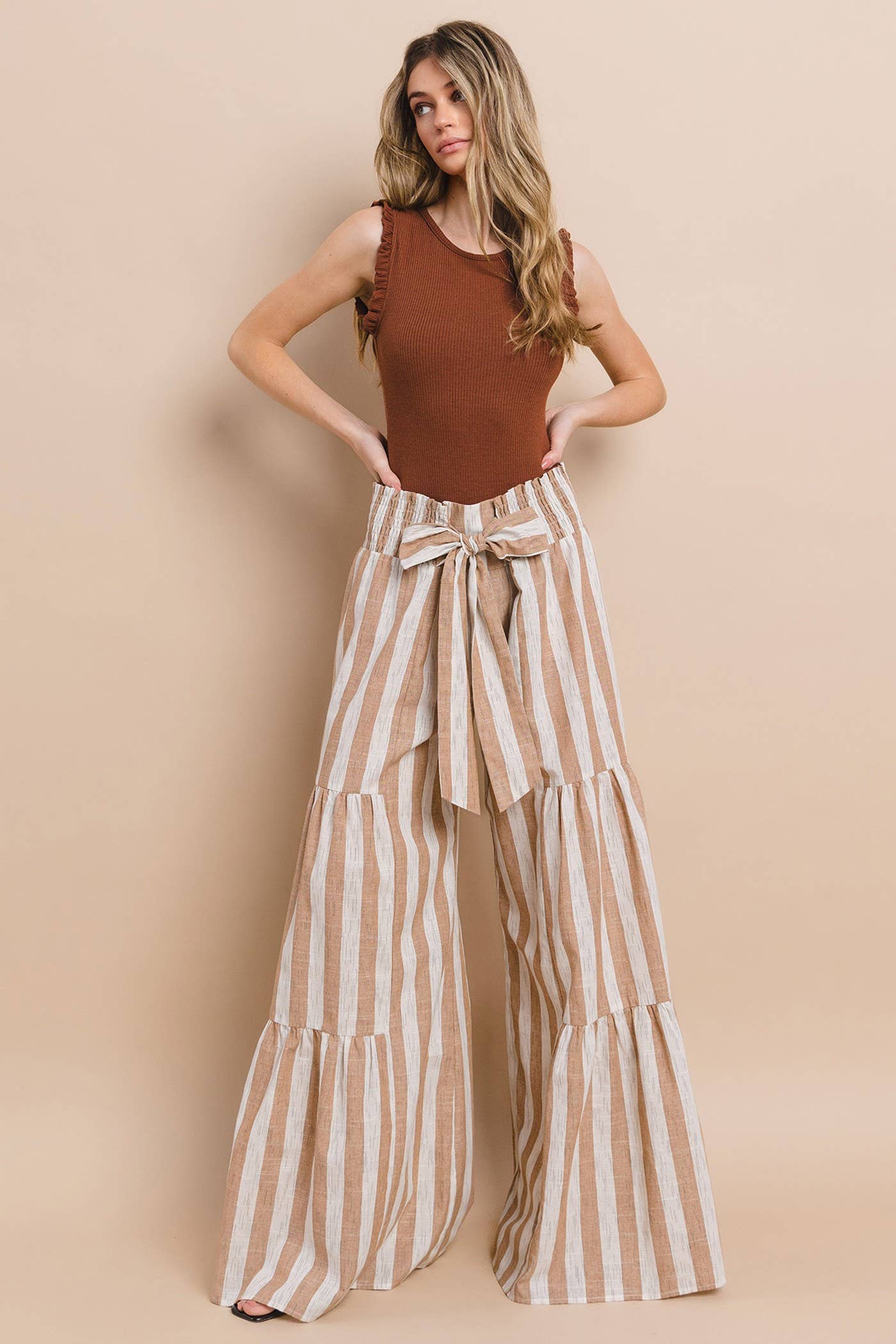STRIPED LINEN PALAZZO PANTS - TAUPE 2314: NATURAL/TAUPE / L