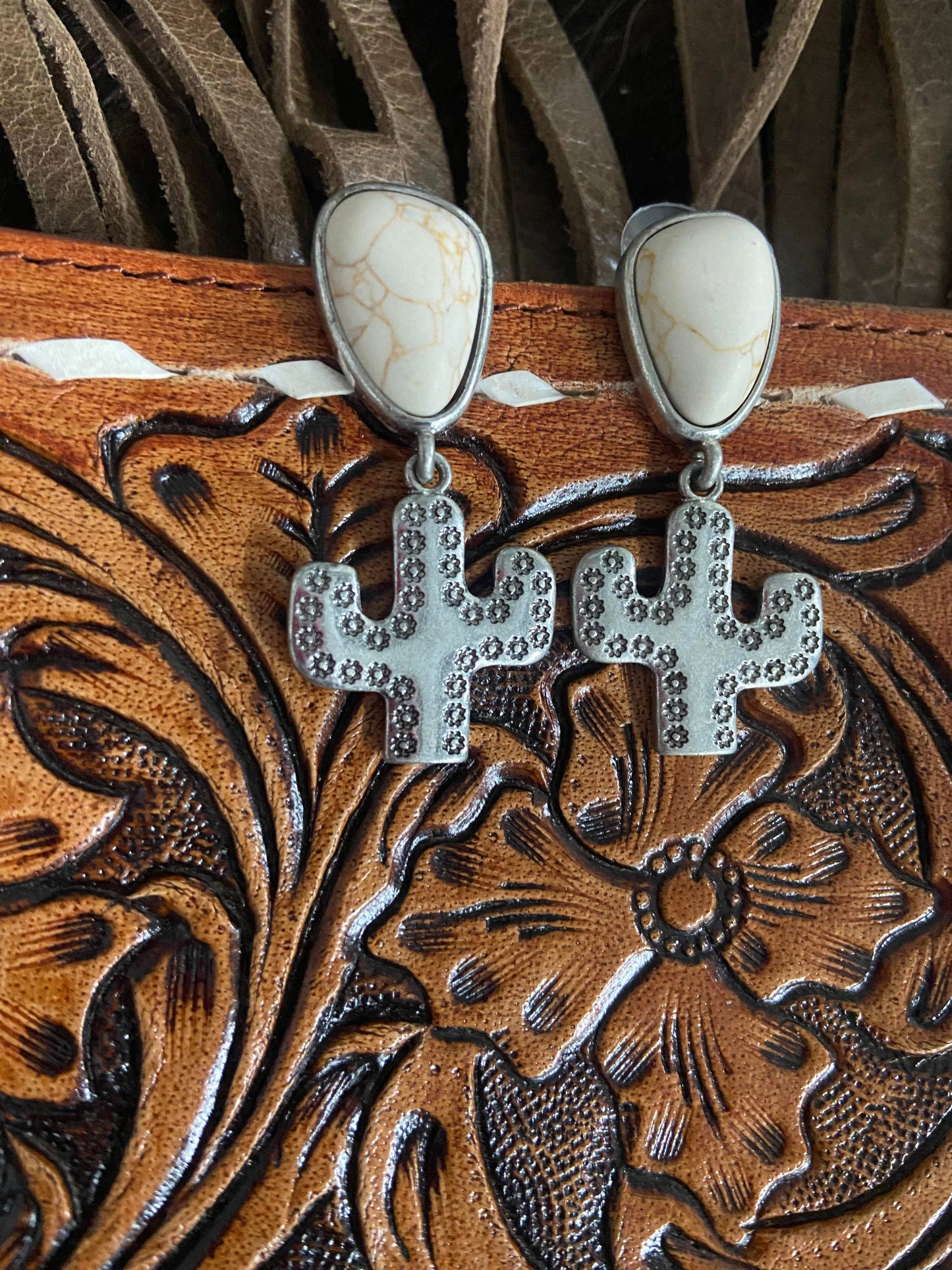 Western Silver Cactus Earrings Trendy 3 Colors: Turquoise