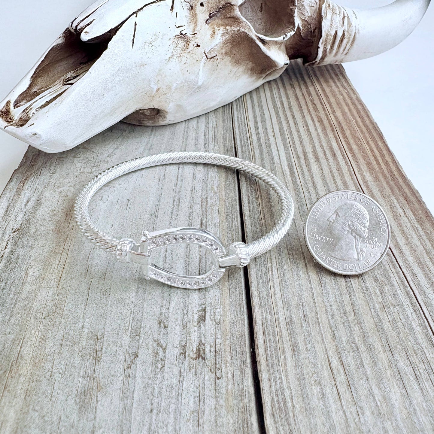 Western Horseshoe Groove Rhinestone Cable Bangle Bracelet