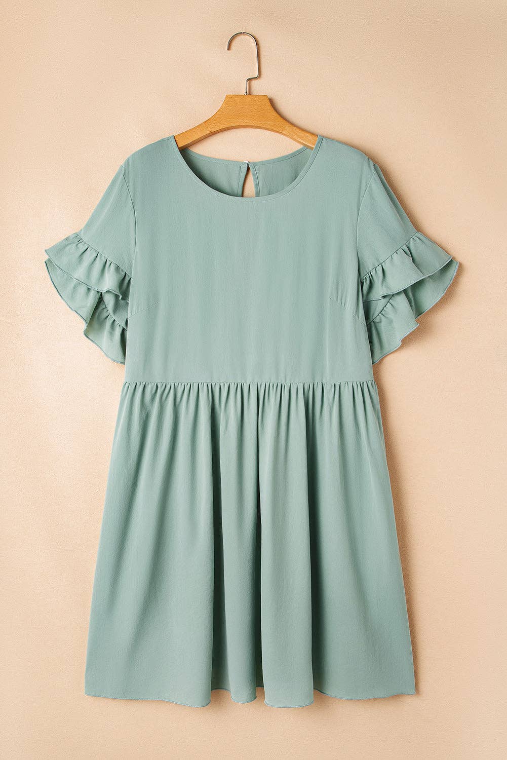 Plus Size Grass Green Ruffle Trim Short Sleeve Flared Mini Dress