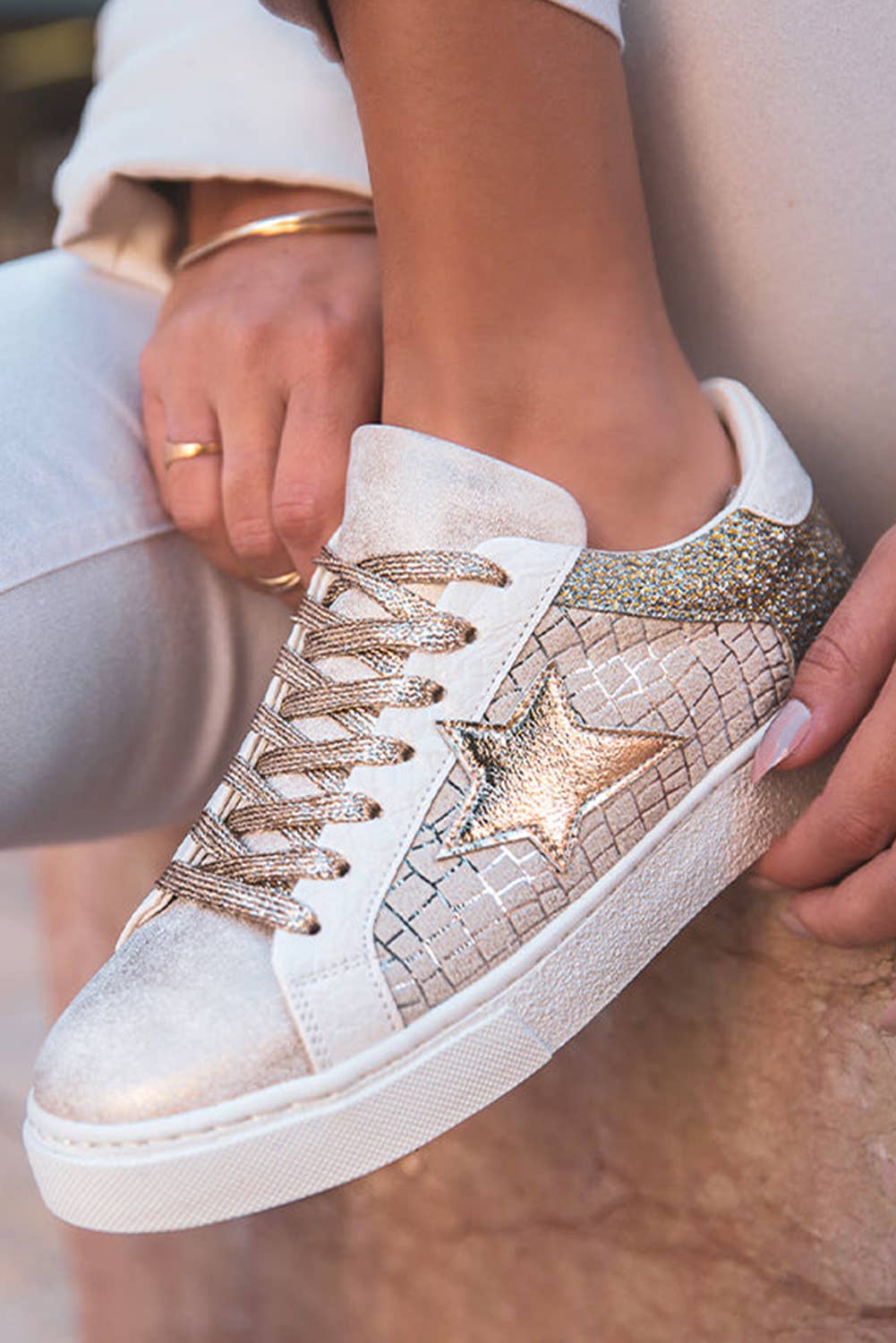 Glitter Star Patchwork PU Leather Lace-up Sneakers: Gold