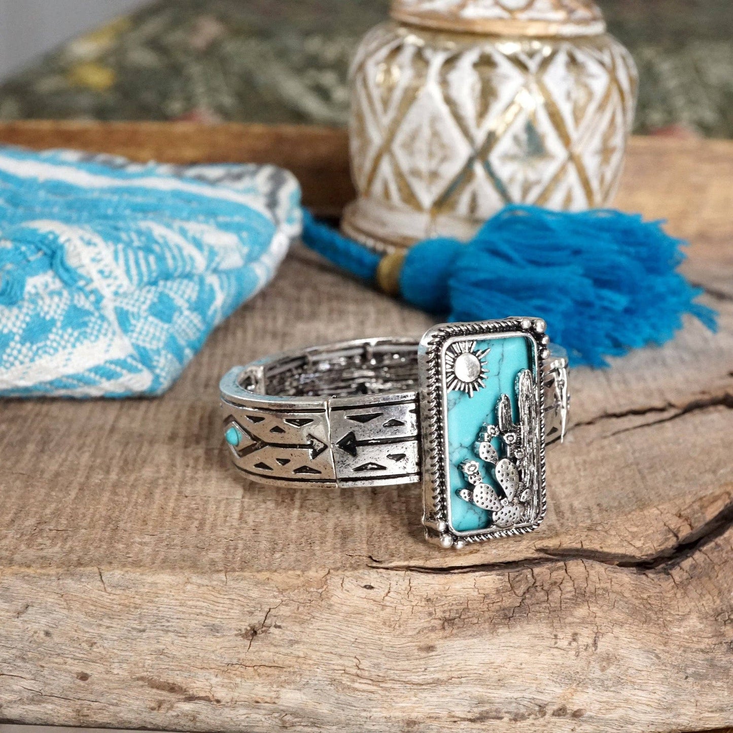 Western Cactus Statement Bangle Bracelet – Silver & Turquoise