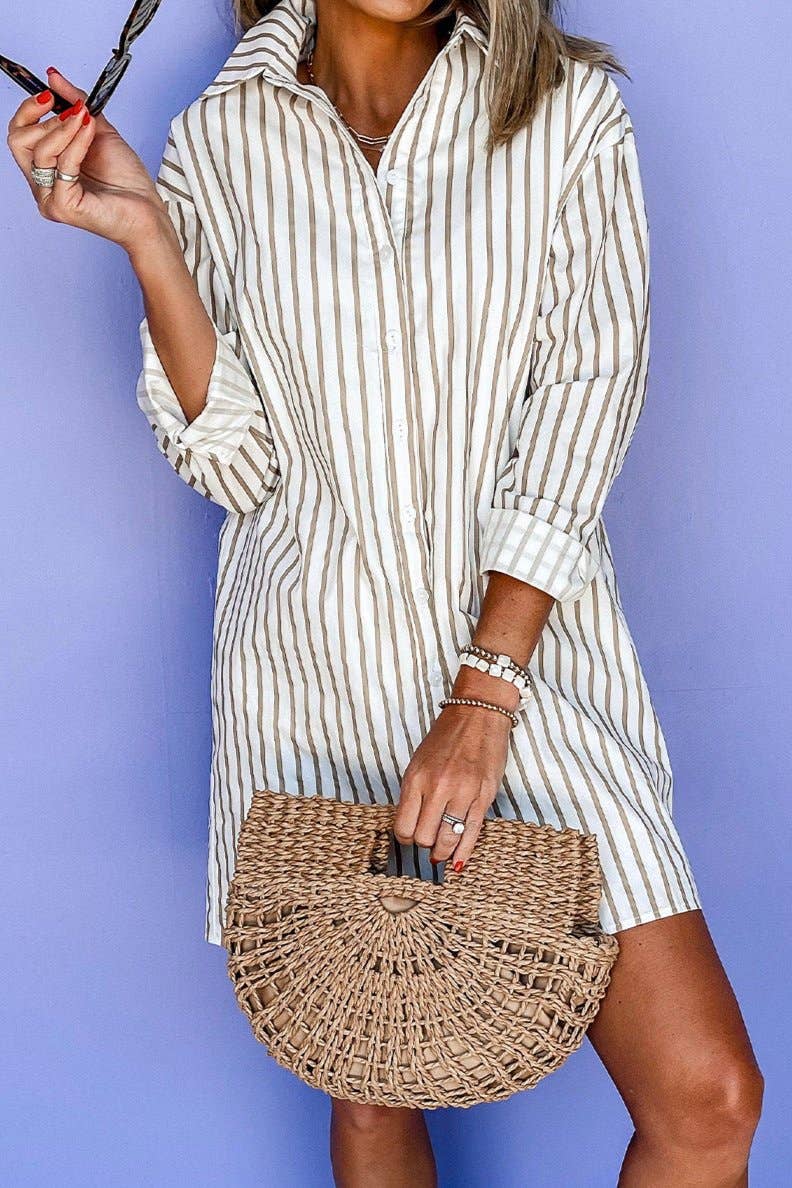 Khaki Stripe Buttoned Mini Shirt Dress