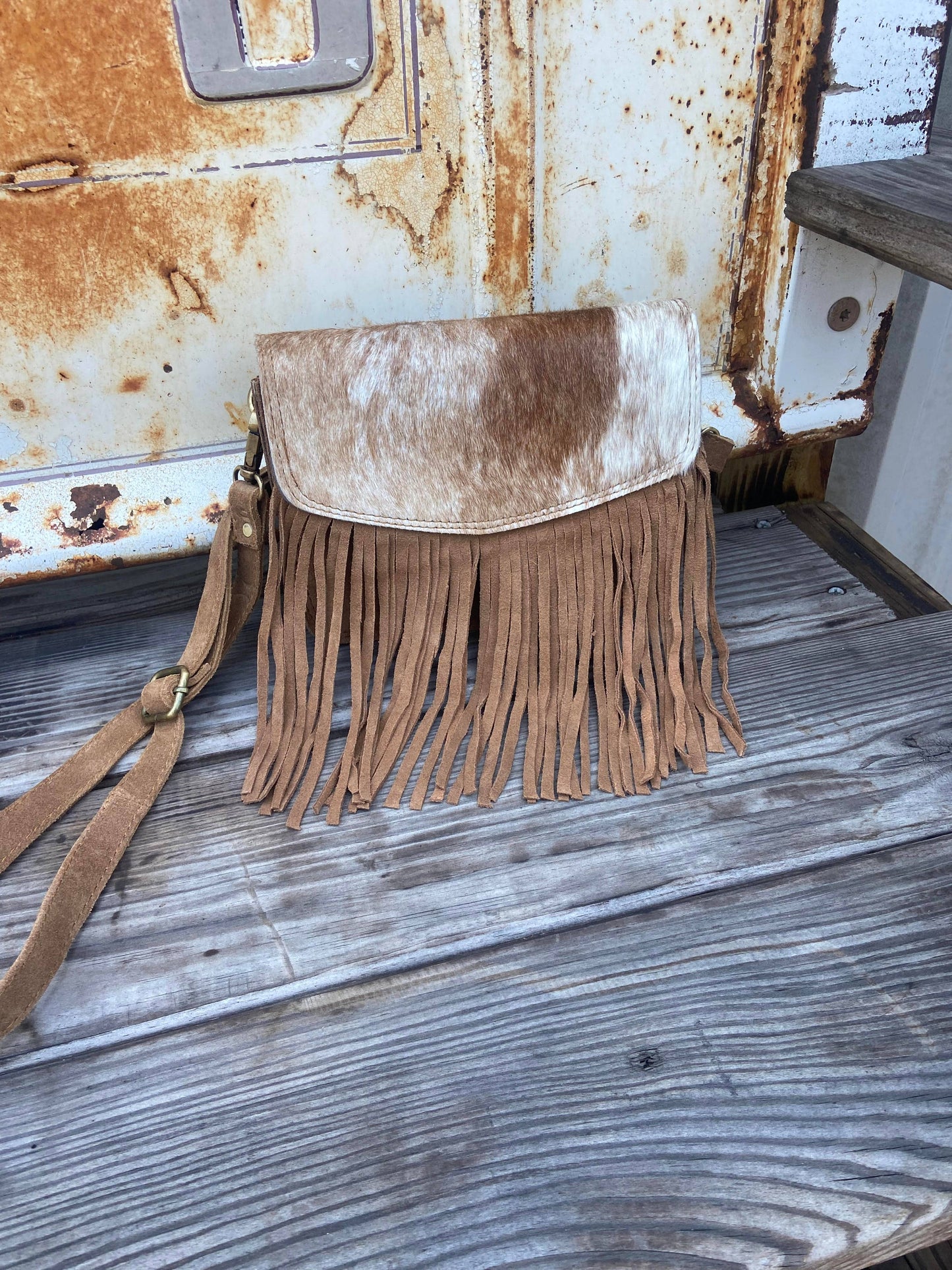 Sadie Cowhide and Tan Suede Fringe Western Purse, Crossbody